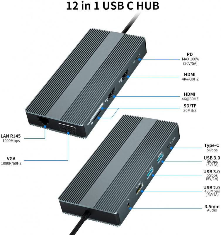 雙顯示器 USB C 集線器三顯示擴展塢，帶 2 個 HDMI VGA 千兆以太網 Type-C PD SD TF 3.5 毫米適配器，適用於 MacBook