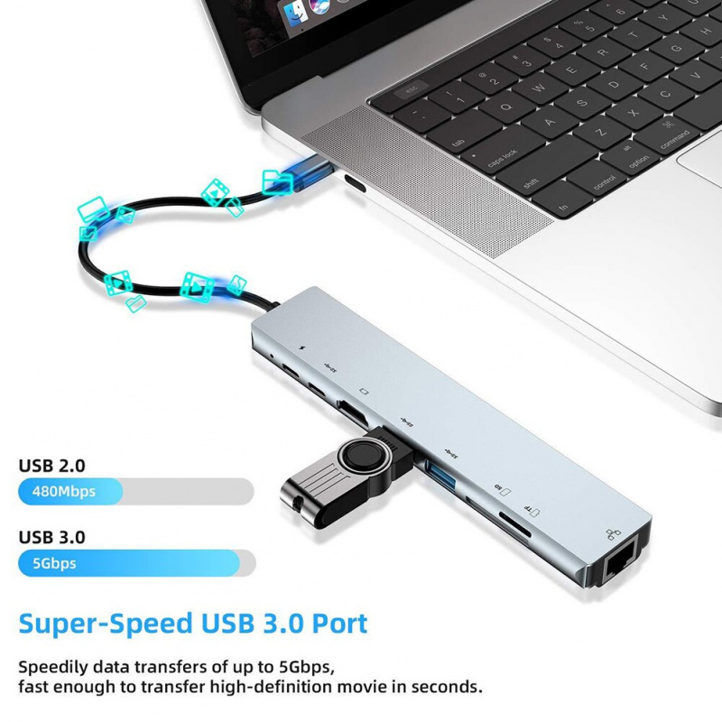 USB C 集線器 8 合 1 C 型 3.1 至 4K 適配器帶 RJ45 SD TF 讀卡器 PD 快速充電適用於 MacBook 筆記本筆記本電腦