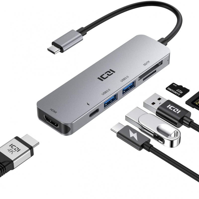 ICZI USB C 集線器多端口適配器，6 合 1 USB C 加密狗便攜式 C 型集線器轉 HDMI，帶 4K 輸出，兼容 SD TF 讀卡器