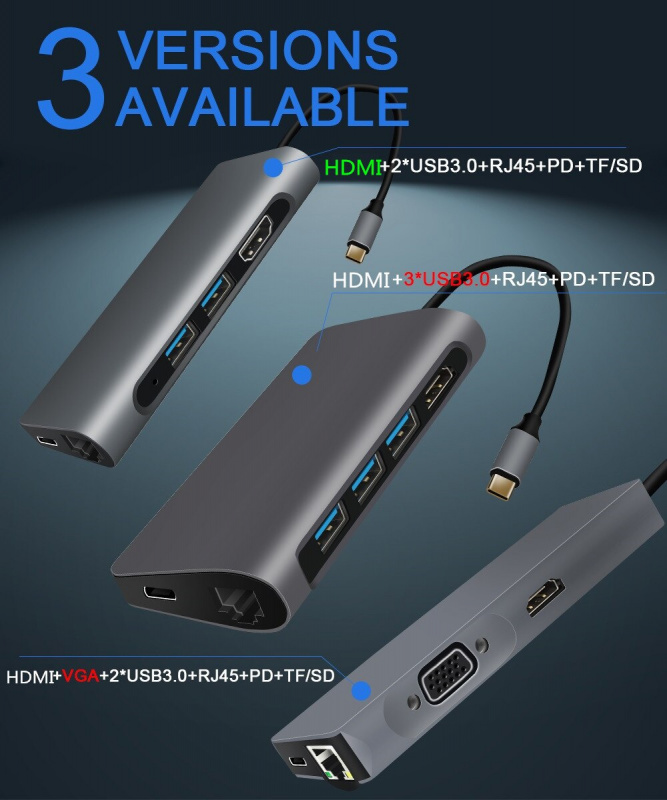 USB C HUB Type C to Multi Thunderbolt 3 HUB 兼容 HDMI 的適配器底座，適用於 PD 配件分離器端口 USB 3.0 Type C HUB