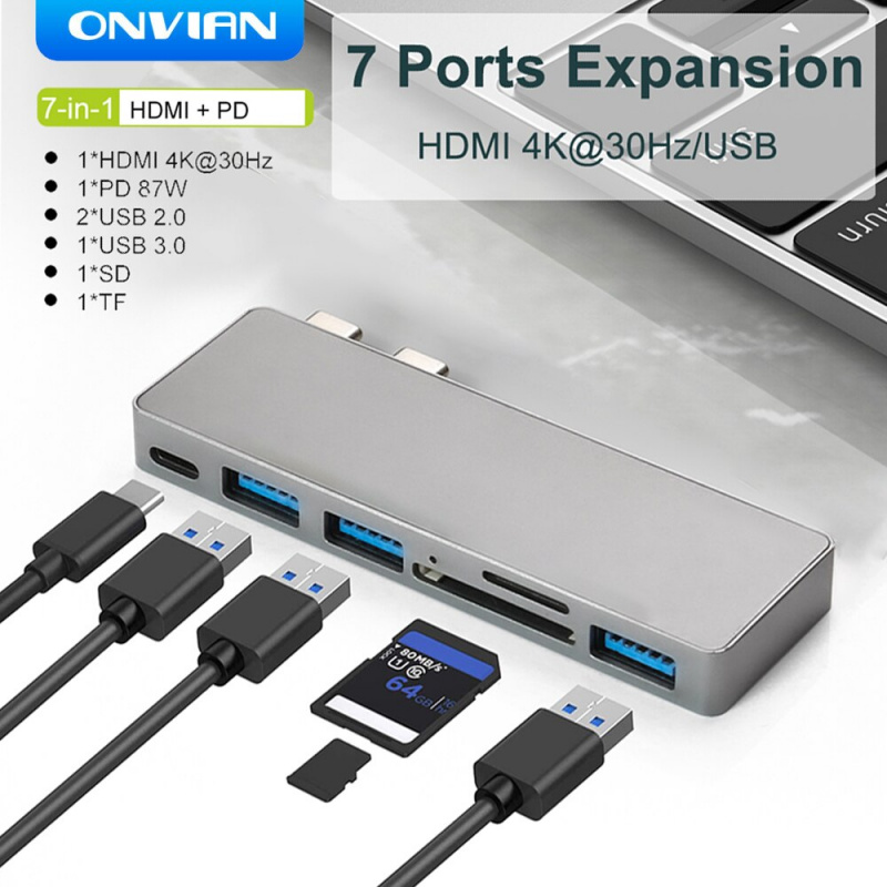 Onvian USB C HUB 7 合 1 適用於 Macbook Pro 適配器 USB Type-C HUB 3.0 TF SD 讀卡器插槽適用於 Macbook Pro Air 2020 2019 2018 USB 集線器