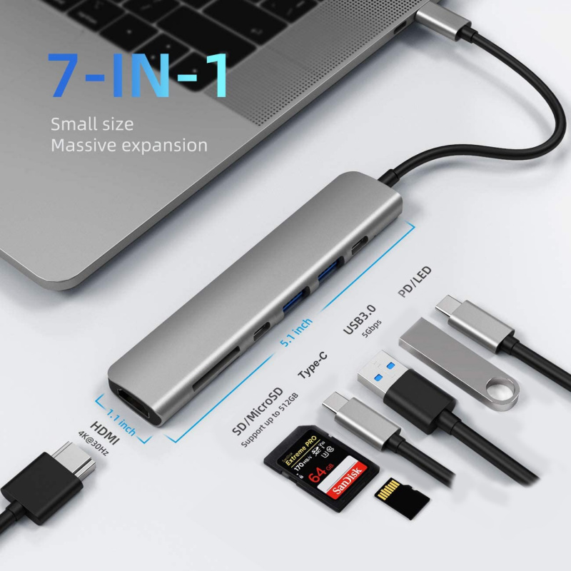 7 合 1 USB 集線器 Type C 集線器適配器，帶 4K HDMI USB 3.0 SD TF 讀卡器 PD 擴展塢，適用於 iPad Pro MacBook Pro Air Thunderbolt 3