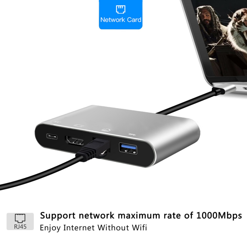 4 合 1 USB Type-C 轉 HDMI 4K+ RJ45 千兆以太網網卡 + Type-C PD OTG 集線器適配器電纜適用於 MacBook USB-C 分離器