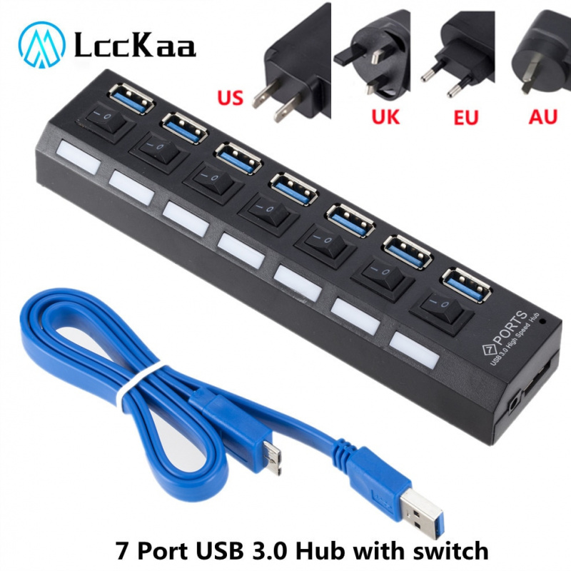 LccKaa 7 端口 USB 3.0 集線器多 USB 分配器 3 Hab 使用電源適配器多擴展器 USB 3.0 集線器帶開關適用於 PC 計算機