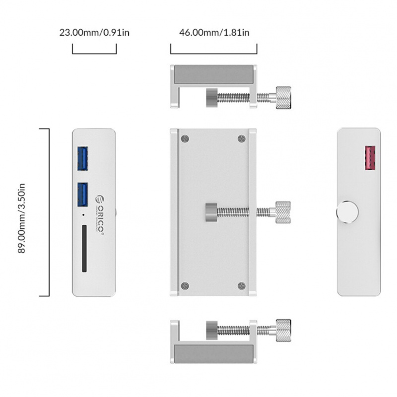 ORICO MH2AC-U3 夾式USB 3.0 HUB 鋁合金外接多2口USB分線器轉接頭 台式機帶TF卡槽