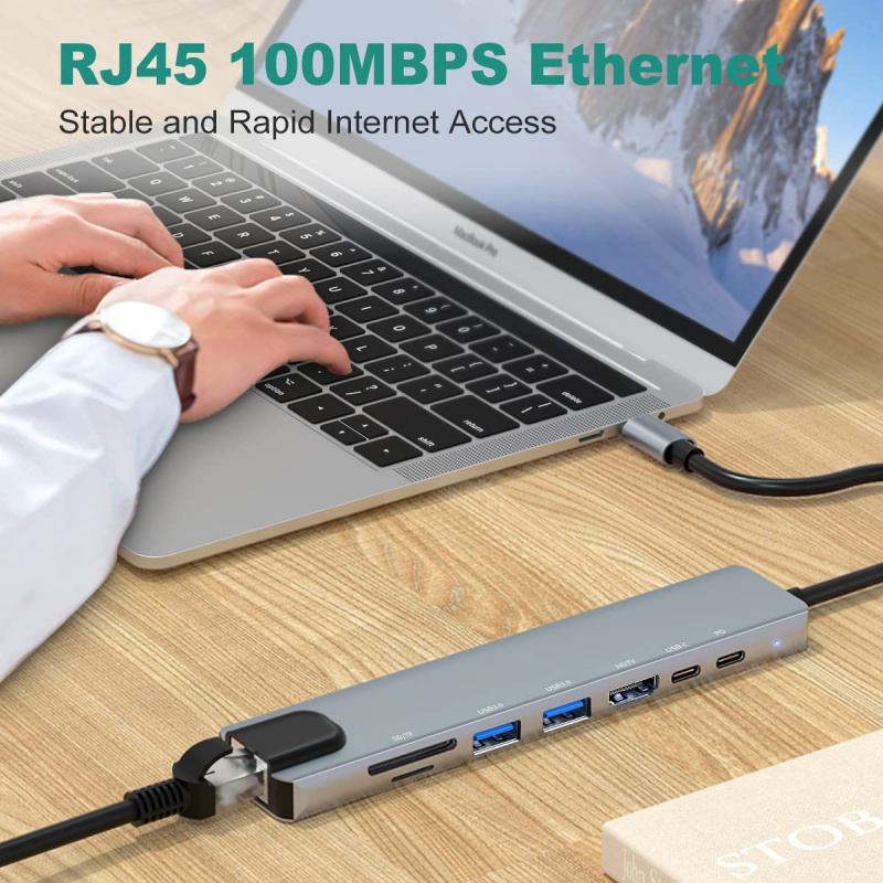 USB C 集線器 C 型轉以太網適配器，帶 HDMI RJ45 SD TF 讀卡器 PD 快速充電 Thunderbolt 3 USB 擴展塢，適用於 MacBook Pro Air