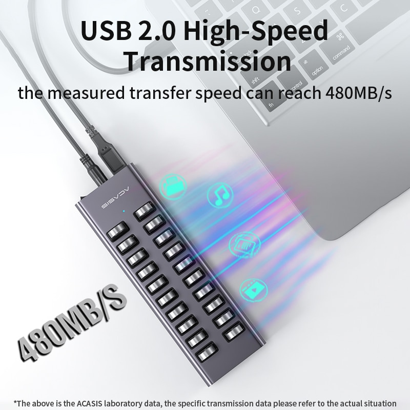 Acasis 20 Port Multi USB 2.0 Hub High Speed Data Transfer Fast Charger Splitter External 12V7.5a Power Adapt