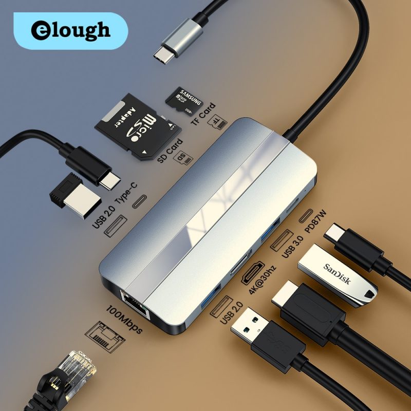 Elough USB C HUB Type C 轉 HDMI 兼容 USB 3.0 適配器 9 8 合 1 Type C HUB 4K 60Hz Dock for MacBook Pro Air USB C Splitte