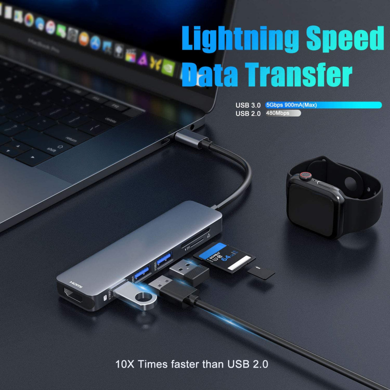 USB C 集線器 Mac Dongle 適配器 Type-C 擴展塢 USB-C 轉 HDMI SD TF 讀卡器 Thunderbolt 3 適用於 MacBook Pro Air 2020-2017
