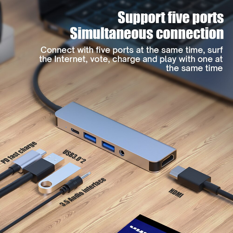 5 合 1 USB C 集線器適用於筆記本電腦適配器 HDMI-4K USB 3.0 3.5MM AUX PD 充電 5 端口擴展塢適用於 PC 計算機 Type-C 分配器