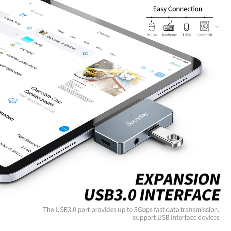 docooler USB Type-C 集線器適配器，帶 USB-C PD 充電 USB 3.0 和 3.5 毫米耳機插孔 HDMI 兼容 2020 iPad Pro 平板電腦