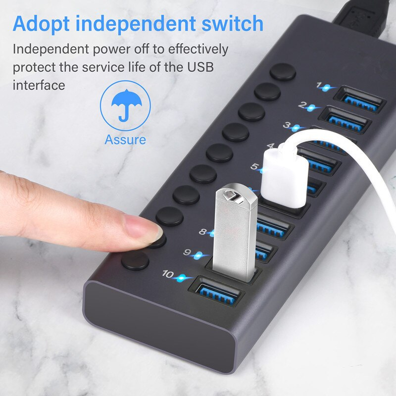 10口USB3.0 HUB帶獨立開關大電流USB分線器鋁合金智能HUB擴展塢PC