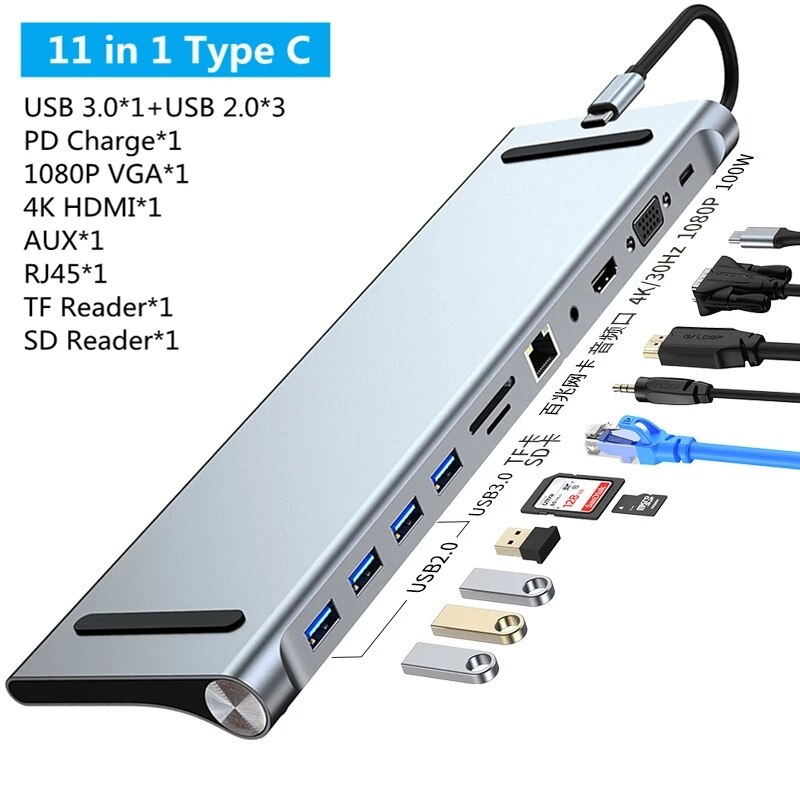 11 合 1 USB 集線器 3.0 分離器多端口適配器 4K HDMI RJ45 SD TF VGA 擴展塢適用於 MacBook IPad 小米筆記本電腦配件