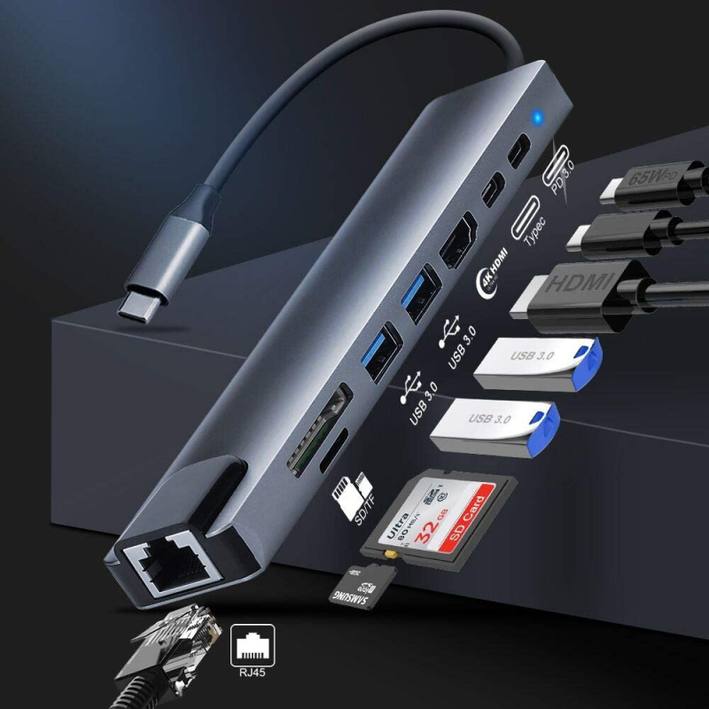 8 合 1 USB C 集線器擴展塢 Type-C 分離器適配器，帶 PD 充電 RJ45 以太網 4K HDMI TF SD 卡，適用於 Macbook Air Pro 筆記本電腦