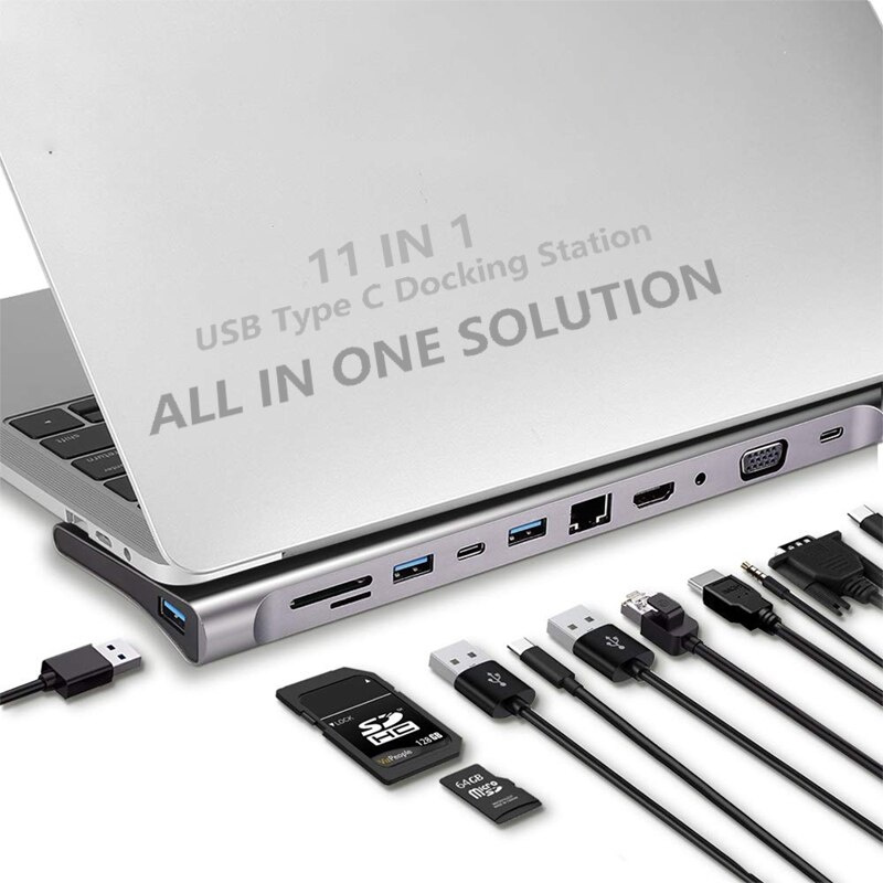 11 合 1 USB C 集線器 Type-C 分配器 4K HDMI 多端口適配器擴展塢 SD TF 千兆以太網適用於 PC Macbook Air M1 iPad Pro