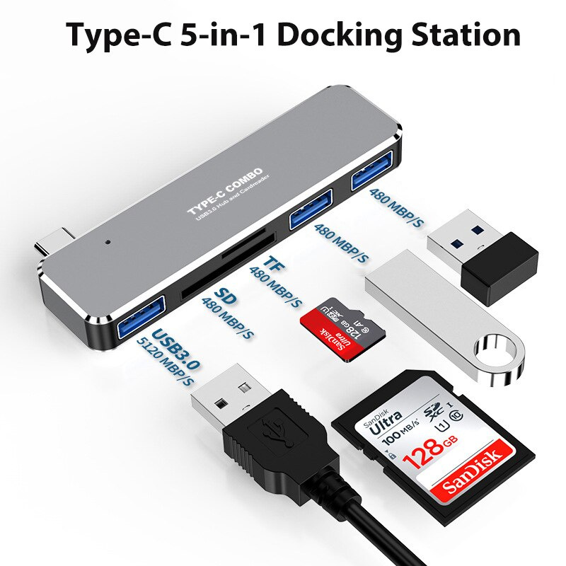 USB C 集線器 3.1 轉 USB 3.0 SD 讀卡器高速迷你 5 合 1 C 型分離器適用於 ipad Macbook PC 筆記本電腦平板電腦配件