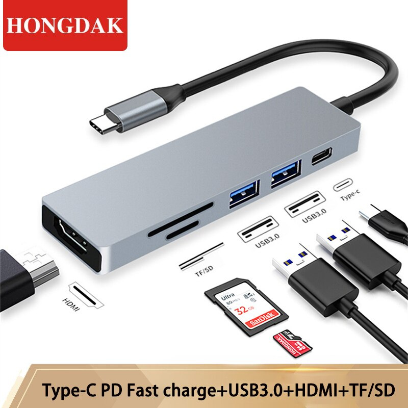 HONGDAK USB C 集線器 USB3.0 適用於筆記本電腦適配器 PC 電腦 PD 充電 6 端口擴展塢 HDMI TF SD 卡筆記本 Type-C 分配器