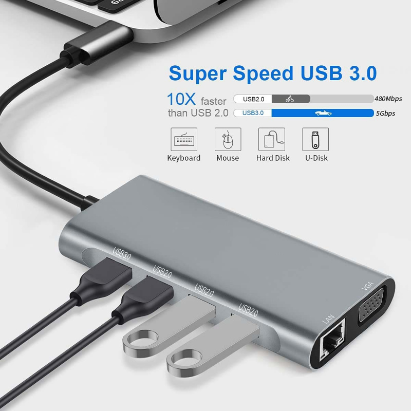 USB C 集線器 C 型轉 HDMI 4K 適配器 OTG 帶 VGA Thunderbolt 3 PD RJ45 以太網 SD TF 3.5mm 適用於 MacBook Pro Air Type-C 筆記本電腦