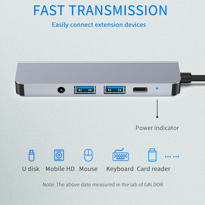 tebe 5 合 1 USB-C 集線器 Type-c 3.1 至 4K HDMI 兼容 3.5 毫米音頻 USB 3.0 PD 快速充電適配器適用於 Macbook USB C 分配器