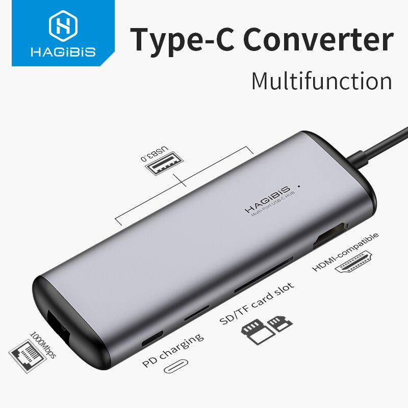 Hagibis USB C HUB USB to HDMI-compatible USB 3.0 RJ45 Carder Reader PD Adapter Type C USB 3.0 Dock Vid