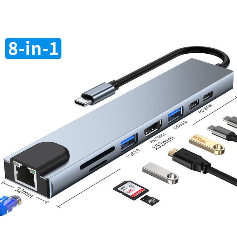 8 合 1 USB 3.0 集線器適用於筆記本電腦適配器 PC 電腦 PD 充電 8 端口擴展塢 RJ45 HDMI TF SD 卡筆記本 Type-C 分配器