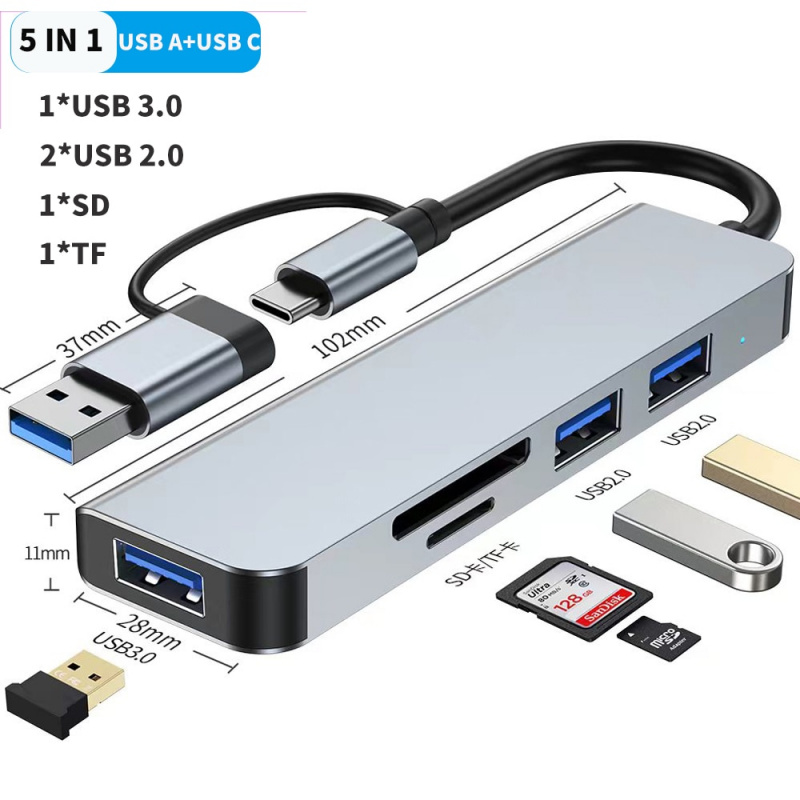 Tebe USB 集線器適配器 USB A+USB C 轉 USB 2.0 3.0 分離器 SD TF 讀卡器多端口 USB Type-c 集線器適用於 Macbook iPad