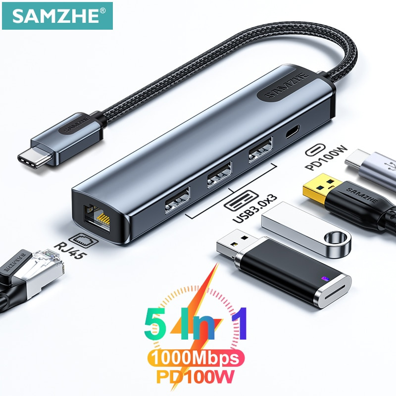 SAMZHE USB C HUB RJ45 PD 100W 適配器 USB 3.0 5Gbps HUB USB HUB 適用於 Macbook Air Pro iPad 筆記本電腦台式電腦適配器