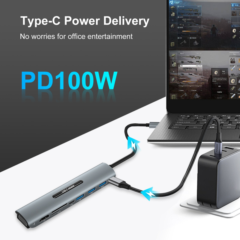 tebe 9 合 1 USB C 集線器適配器 Type-c 至 4K HDMI 兼容 VGA PD SD TF 讀卡器多 USB 3.0 集線器分配器適用於 Macbook 戴爾