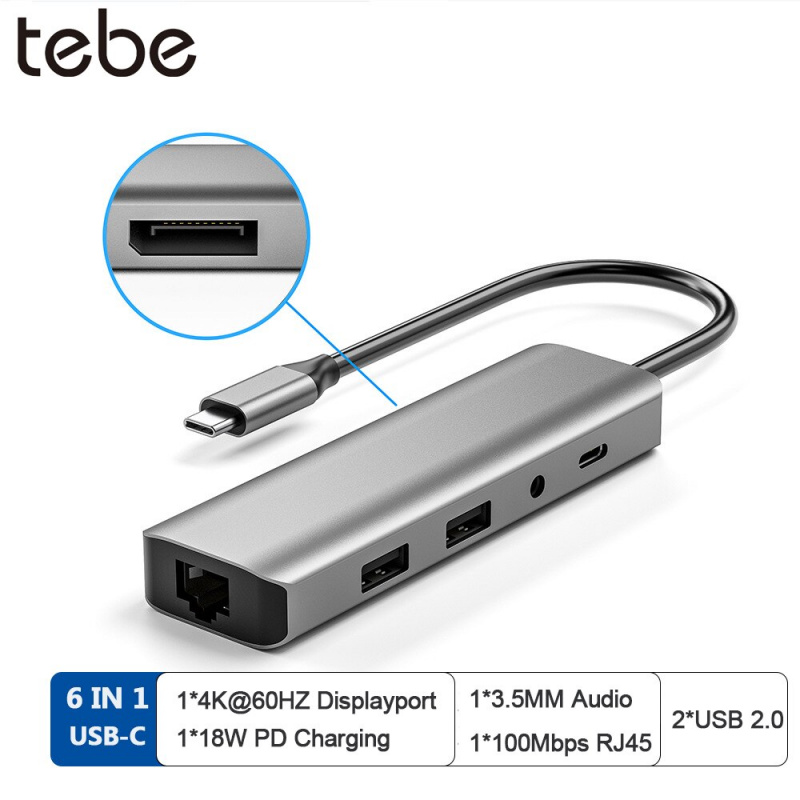 Tebe 6 合 1 USB C 集線器適配器 Type-c 至 4K 60hz DP Displayport RJ45 Mulit USB 2.0 PD 3.5mm 音頻麥克風分配器適用於 Macbook Air M1