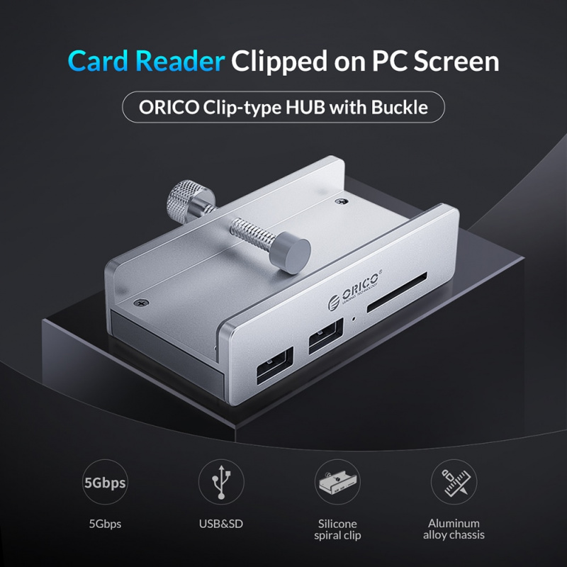 ORICO MH4PU 鋁製 4 端口 USB 3.0 夾式集線器適用於台式筆記本電腦夾子範圍 10-32 毫米帶 100 厘米數據線禮品包裝