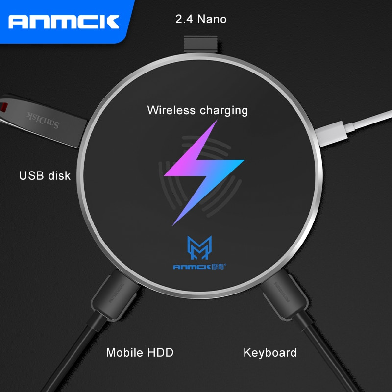 Anmck USB 2.0 集線器帶無線充電器 4 端口 USB 適配器分離器多 USB 集線器適用於筆記本電腦 Macbook Pro Mate 20 Pro