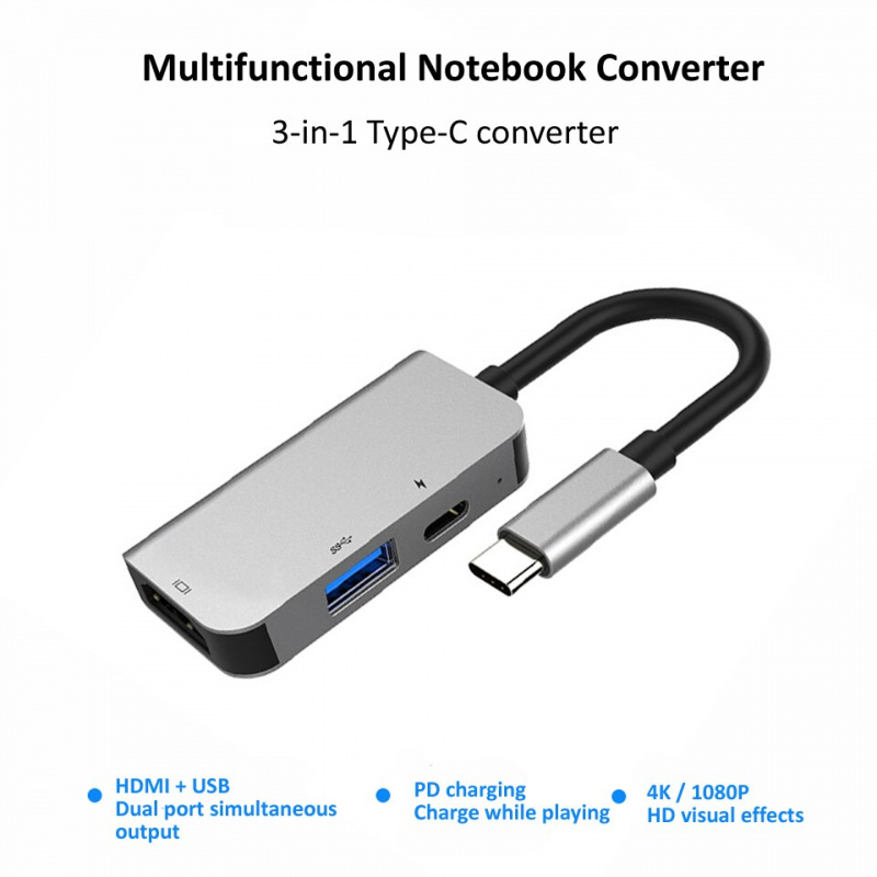 USB C 型 3.1 轉 HDMI 兼容 USB 3.0 擴展塢集線器 3 合 1 USB C 適配器 4K 視頻 PD 充電轉換器適用於 Macbook Pro Chromebook