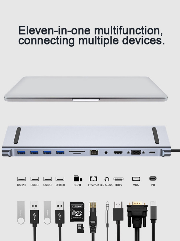 USB C 集線器 11 合 1 C 型擴展塢 3.0 分離器多端口適配器 4K HDMI 兼容 RJ45 SD TF VGA PD 適用於 MacBook iPad 小米