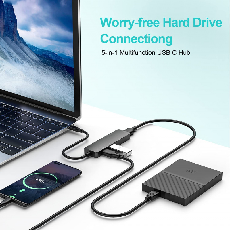 5 合 1 USB C 集線器適配器 Thunderbolt 3 Type C 分離器 USB 集線器帶 TF SD 卡讀卡器適用於聯想小米筆記本 Macbook Pro Air