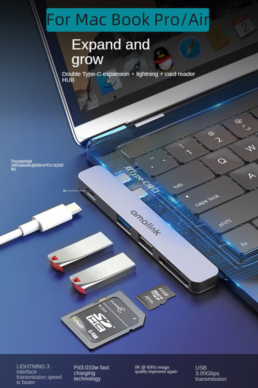 Thunderbolt 3 8K 100W Type C 適配器適用於 MacBook Pro Air 配件 Extensor USB 集線器分離器 Mac Mini 電源板擴展塢