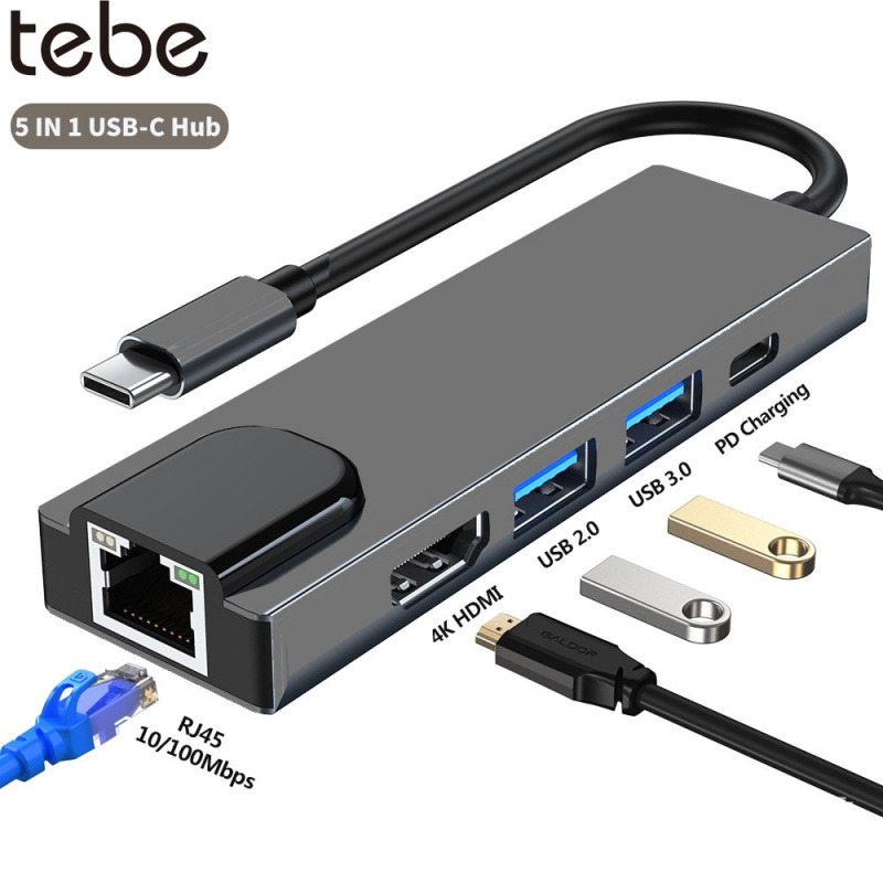 tebe USB-C 集線器 C 型轉 4K HDMI 兼容  RJ45 USB 2.0 3.0 分離器適配器適用於 Macbook 戴爾惠普三星 USB C 擴展塢