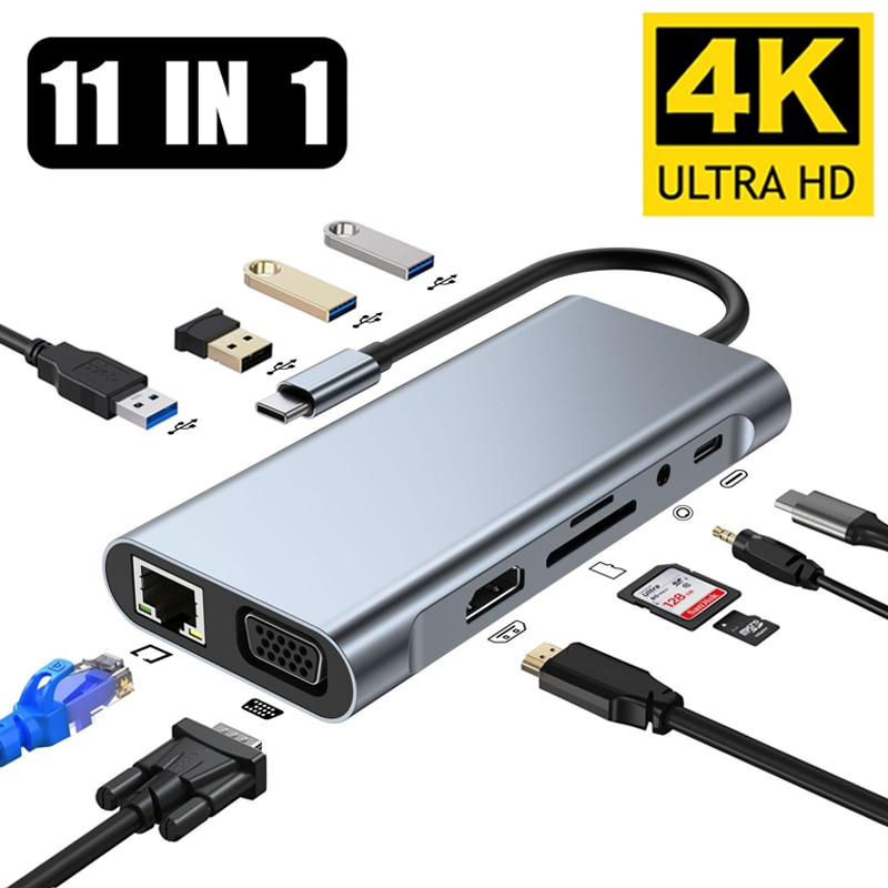 USB C 集線器 C 型轉 HDMI 兼容 RJ45 5 6 8 11 端口擴展塢，帶 PD TF SD AUX Usb 集線器 3 0 分離器適用於 MacBook Air Pro PC 集線器