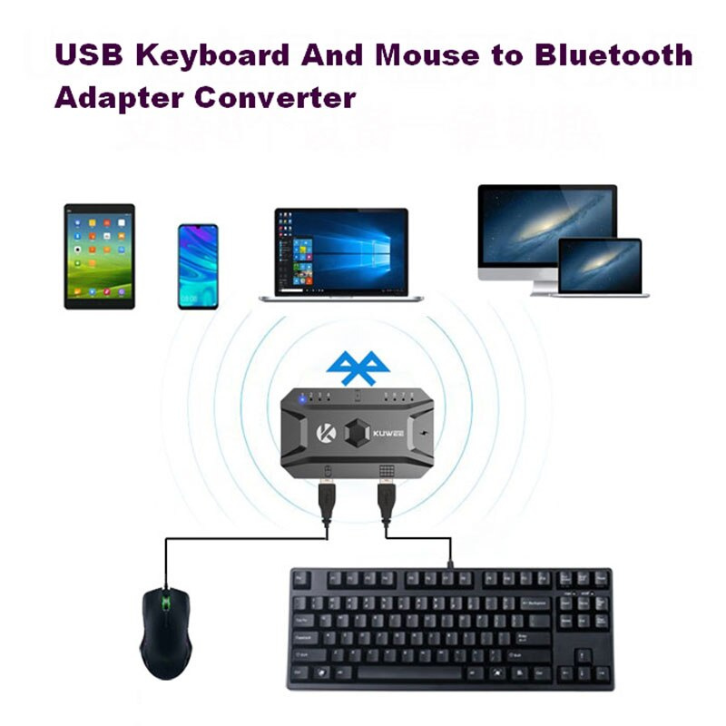 鼠標鍵盤轉換器 藍牙 5.0 從有線到無線適配器轉換器 USB 集線器 usb 分離器 支持多達 8 個設備