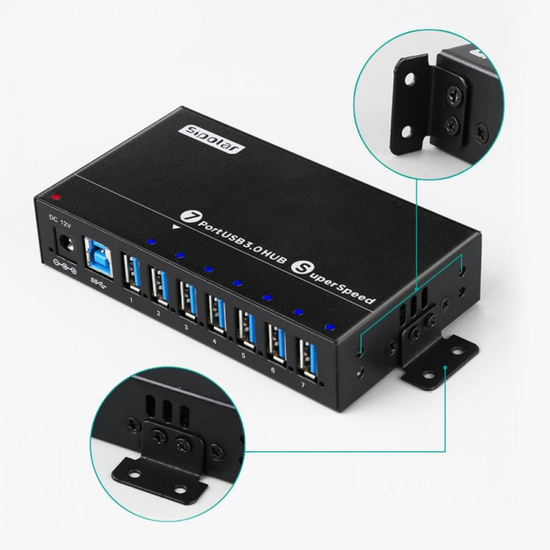 Sipolar A173 7 端口供電工業 USB3.0 集線器高速數據傳輸多快速充電器分配器帶 12V3A 電源適配器