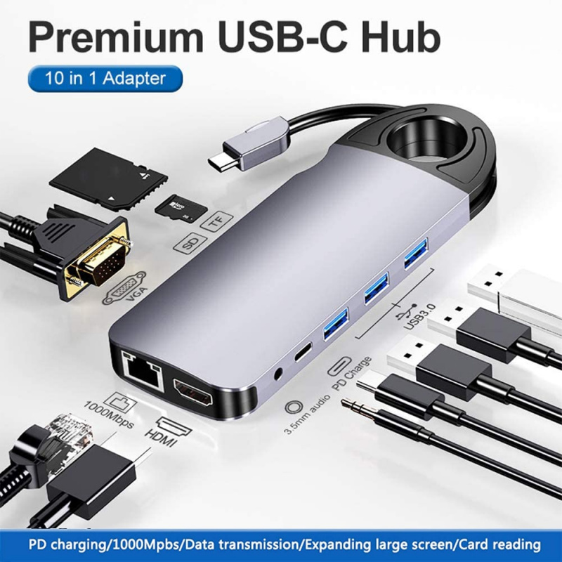USB C 集線器 10 合 1 擴展塢，帶隱藏電纜，千兆以太網 4K HDMI 適配器 60W PD VGA 3.5mm SD TF Type C 集線器，適用於 iPad MacBook Pro
