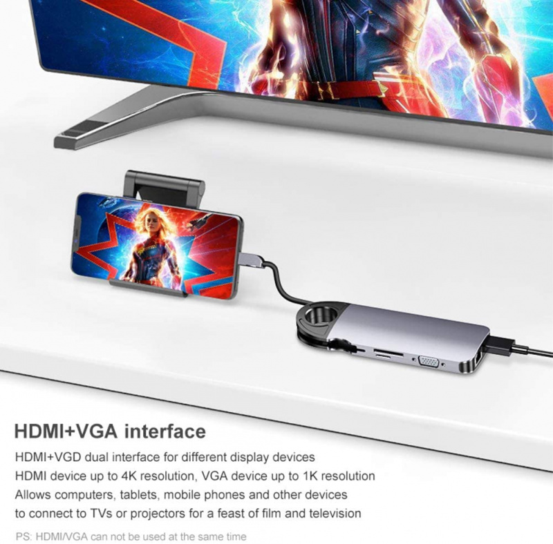 USB C 集線器 10 合 1 擴展塢，帶隱藏電纜，千兆以太網 4K HDMI 適配器 60W PD VGA 3.5mm SD TF Type C 集線器，適用於 iPad MacBook Pro