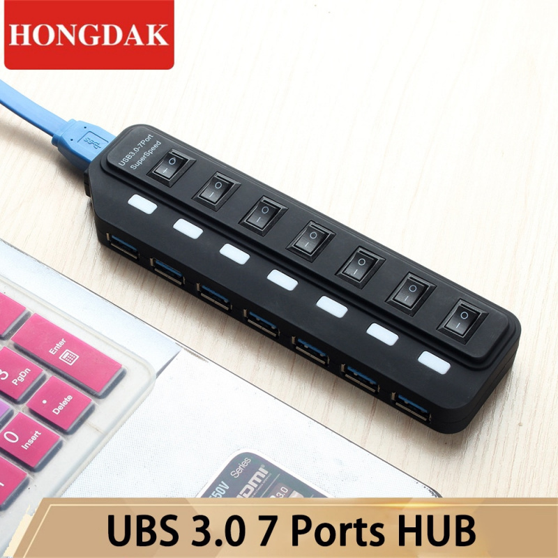 HONGDAK USB3.0 集線器 4 7 端口高速多分離器電源適配器開關 USB3.0 集線器適用於 MacBook 筆記本電腦電腦配件