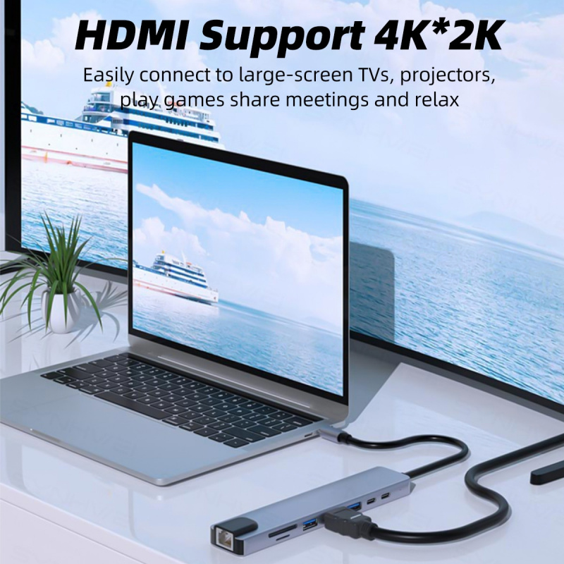 8 in 1 USB 3.0 Hub For Laptop PC Computer Charge 8 Ports Dock Station RJ45 HDMI-compatible TF SD Card Notebook Type-C Splitter