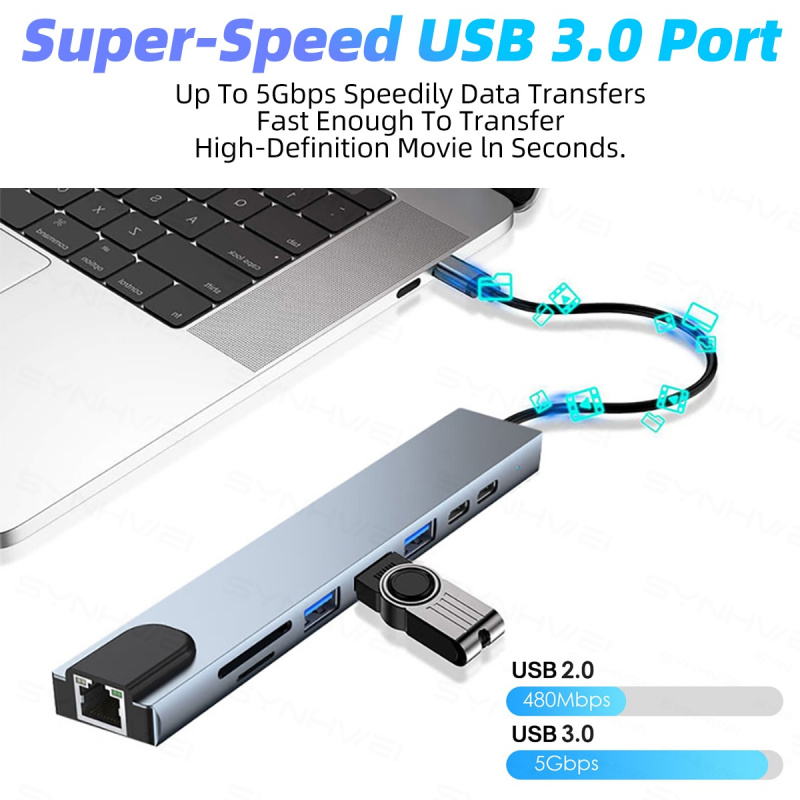 8 in 1 USB 3.0 Hub For Laptop PC Computer Charge 8 Ports Dock Station RJ45 HDMI-compatible TF SD Card Notebook Type-C Splitter