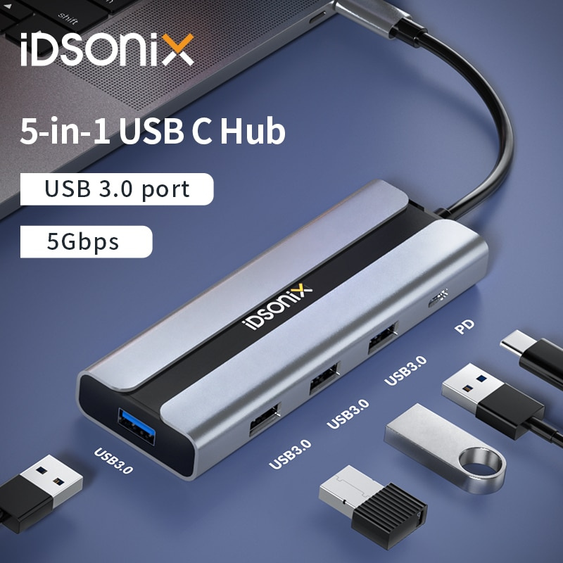 iDsonix USB 多端口集線器 USB 3.0 5 合 1 USB C 集線器 C 型適配器，帶 1 個 100W 供電 Thunderbolt 3，適用於筆記本電腦