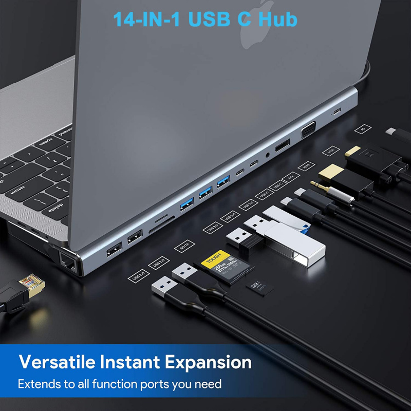 USB C 集線器 14 合 1 USB C 適配器，帶 4K HDMI VGA USB-C Thunderbolt 3 千兆以太網音頻 SD TF 適用於 MacBook 擴展塢