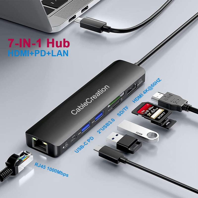 USB C 集線器 7 合 1 集線器 Dockteck with 4K 60Hz HDMI 1Gbps Gigabit Ethernet 100W PD 2 USB 3.0 SD TFfor MacBook Pro  Air iPad Pro XPS