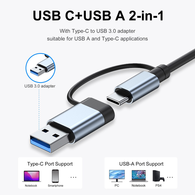 2217 USB-A+USB-C集線器適配器7合1多口USB擴展塢帶USB3.0+USB2.0 4+PD+USB-C數據口擴展集線器