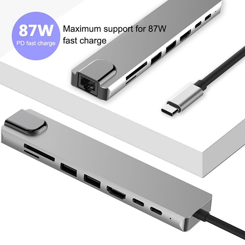 8 合 1 OTG 集線器 USB C 集線器 Type C HDMI 4K 30Hz RJ45 USB3.0 PD 適配器適用於 Macbook Air Pro iPad PC 配件擴展塢
