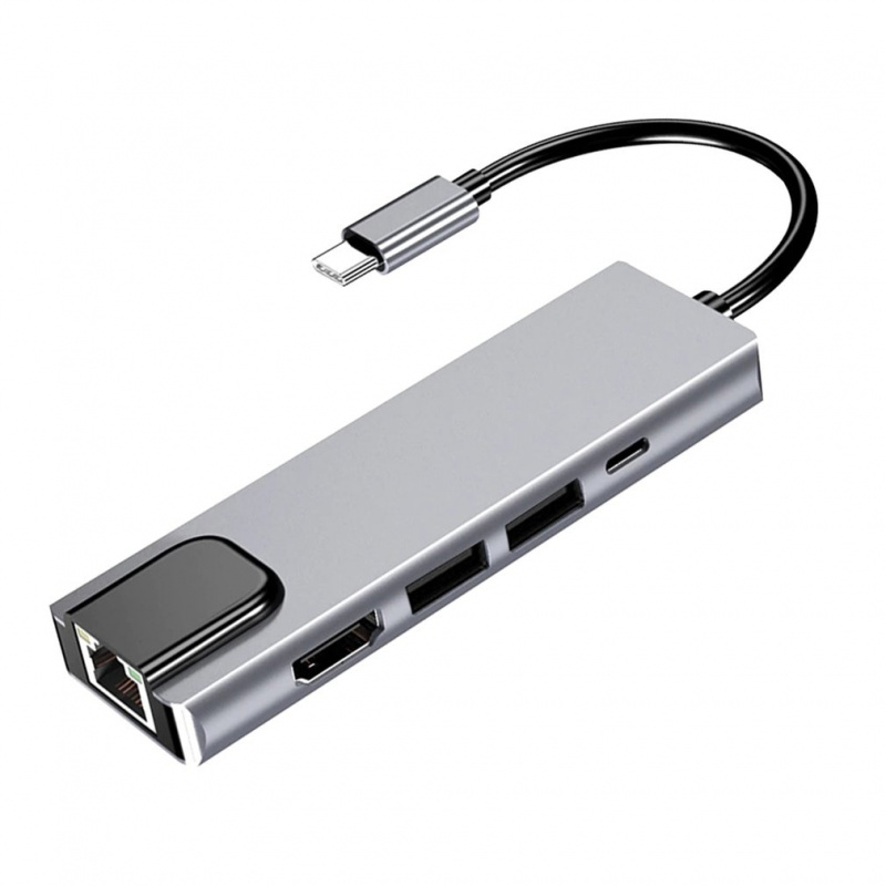 USB 6 合 1 USB-C Type-C 集線器適配器底座，帶 4K HDMI 兼容 PD RJ45 以太網 Lan 充電，適用於 MacBook USB Type-C 集線器